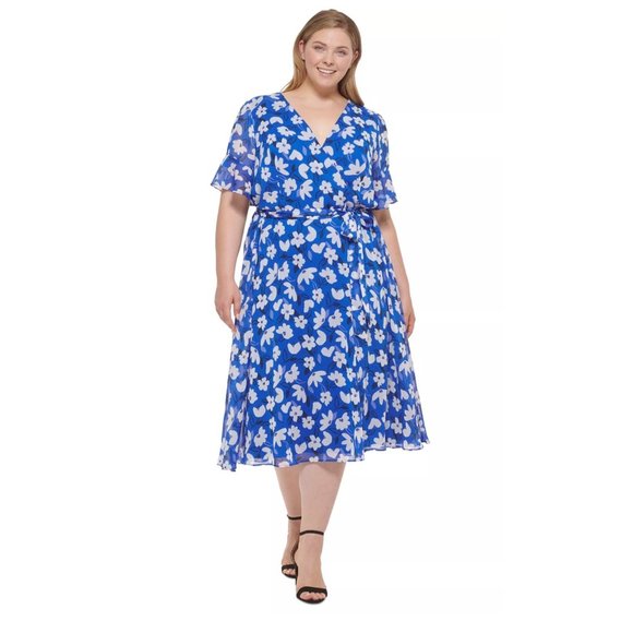 DKNY Plus Size Floral-Print Faux Ruffled Tie At Waist Wrap Dress Royal Blue 18W - Picture 1 of 3